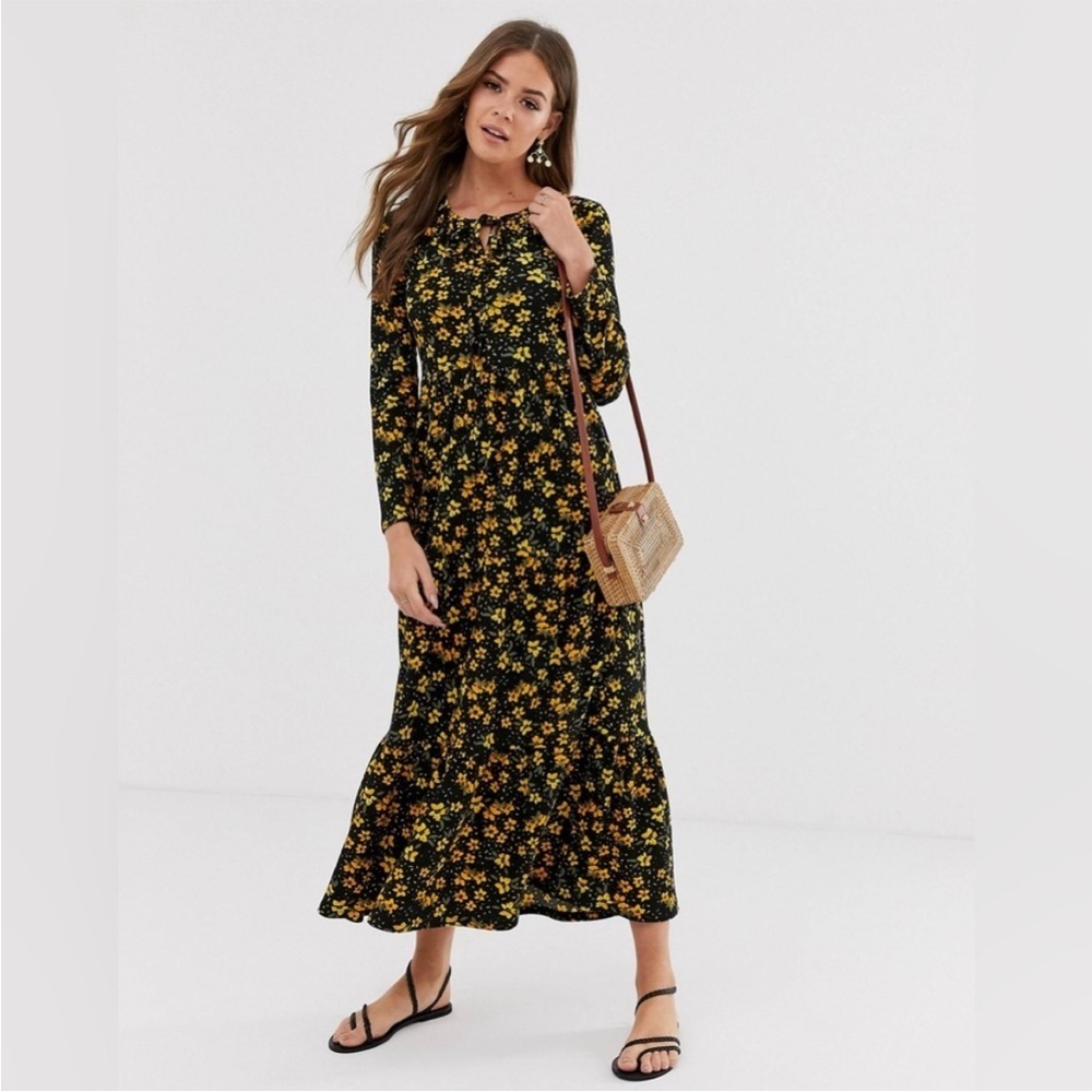 Free People Tiers of Joy Maxi Floral Long Sleeve Fall Dress | Black/Yellow | S